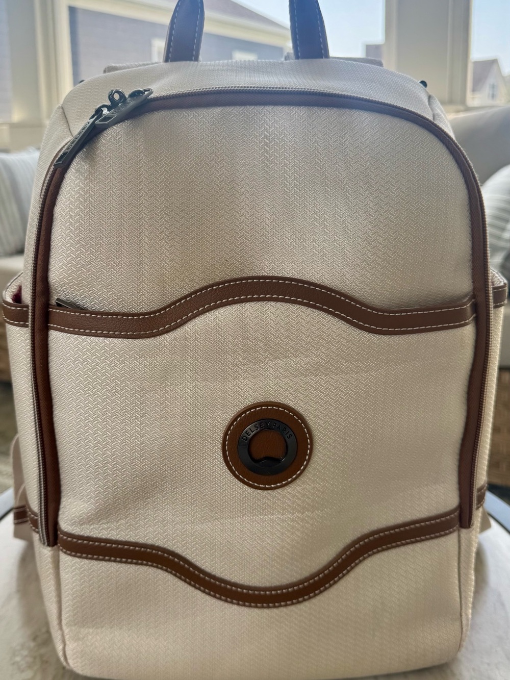 Cream and Brown Canvas Backpack with Front Pocket - Unbranded